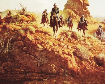 Bison hunt horseback Native Americans hunting party Western art by Frank C McCarthy vintage print Wild West theme Americas Old West