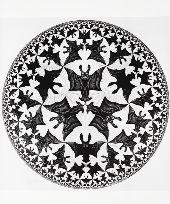 MC Escher Print Optical Illusion Art Fantasy Illustration "Heaven and Hell" Bats Drawing Escher Drawing (22)