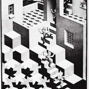 Escher Relativity Art Print Vintage MC Escher Drawing Optical Illusion Modern Wall Art Fantasy Print Office Wall Art, Cycle 32 image 1