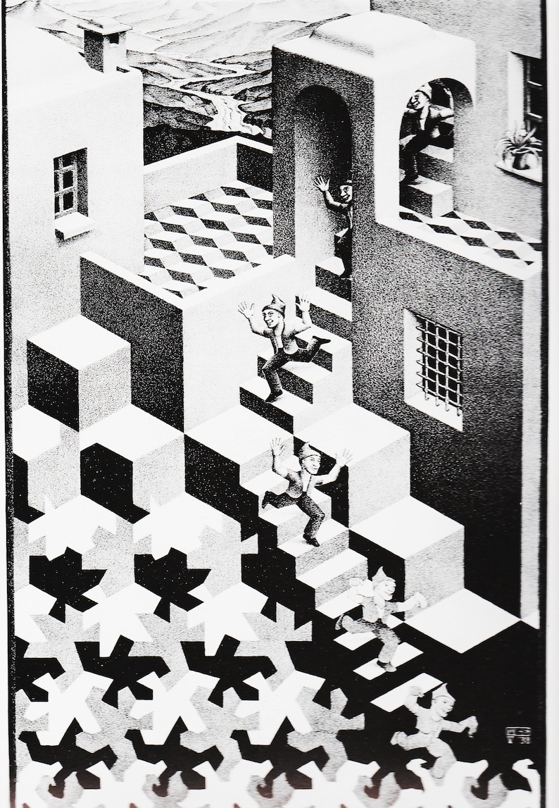 Escher Relativity Art Print Vintage MC Escher Drawing Optical Illusion Modern Wall Art Fantasy Print Office Wall Art, Cycle 32 image 1