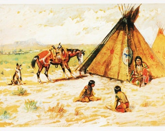 Old West Vintage Art American Landscape CM Russell Print, "Joy of Life" Indian Camp, Frontier Artwork (34)
