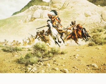 Bison hunt horseback Native Americans hunting party Western art by Frank C McCarthy vintage print Wild West theme Americas Old West