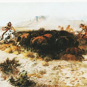 CM Russell Print: &quot;Buffalo Hunt&quot; - American West Art Lithograph