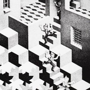 Escher Relativity Art Print Vintage MC Escher Drawing Optical Illusion Modern Wall Art Fantasy Print Office Wall Art, Cycle 32 image 2