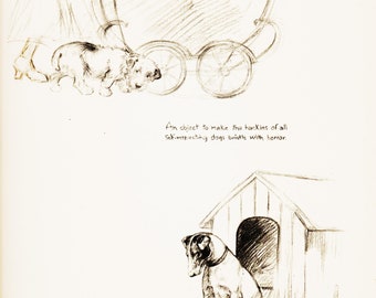 Dog Lover Gift Vintage Artwork Canine Drawing "Dog and Baby Carriage" Barker Dog Illustration (JD)