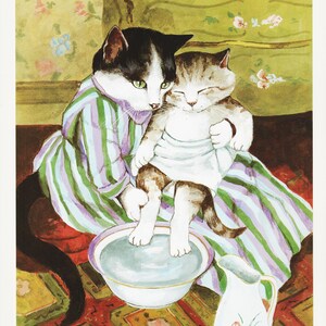 Vintage Cat Picture for Cat Nursery Print or Girls Room Decor &quot;The Bath&quot; Cassatt Spoof Susan Herbert Cats