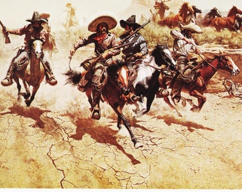 Bison hunt horseback Native Americans hunting party Western art by Frank C McCarthy vintage print Wild West theme Americas Old West