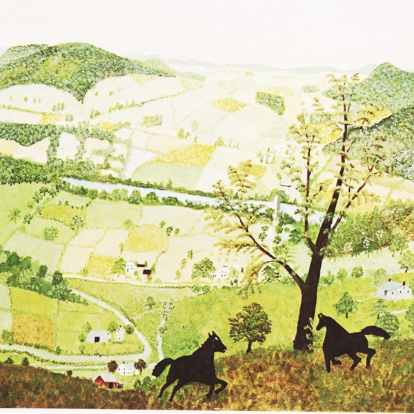 American Folk Art Naive Wall Art for Country Home Decor “Black Horses” Grandma Moses Art Early American Farm Scene (35)