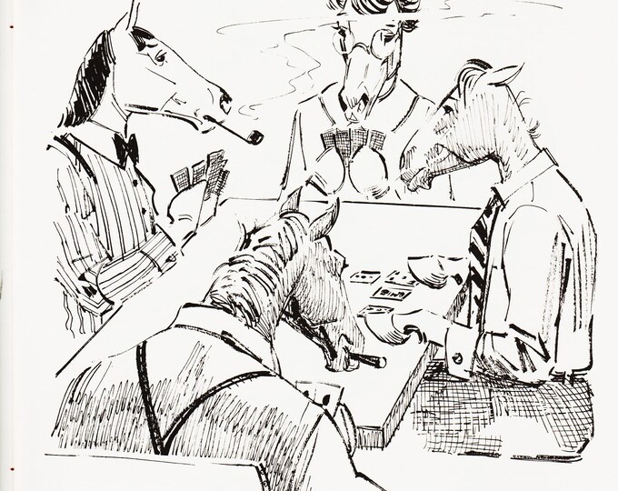 Sam Savitt Ink Drawing of Wild Horses and Colts on Suede, Hanging