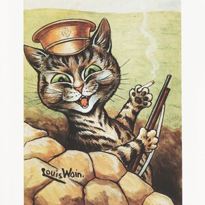 Louis Wain Cat Print: Vintage &quot;Army Cat&quot; Lithograph