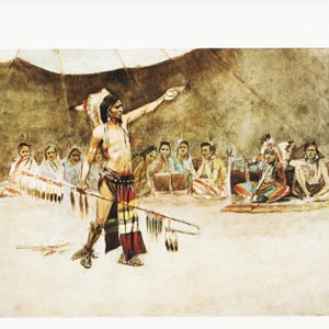 Charles Russell Print: &quot;Council of War&quot; - Vintage Western Art Lithograph