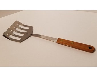 Robinson USA Stainless Slotted Spatula Strainer Turner Wood 12&quot; Scalloped Curved