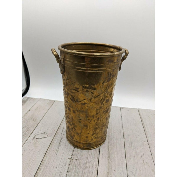 French Flower Bucket Brass Vase Embossed Pot 2 Handles 8" India