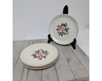 Juego de 4 platos de postre y pan de cerámica vintage Paden City Pottery MODERN ORCHID (descatalogado, EE. UU.)