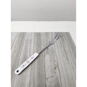 Vintage EKCO Meat Fork Kitchen Utensil White Flower Handle Two Prong 11 3/4&quot;