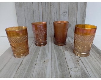 Vintage Dugan Lattice and Daisy Tumbler Marigold Carnival Glasses 4 1/4&quot; Set 4