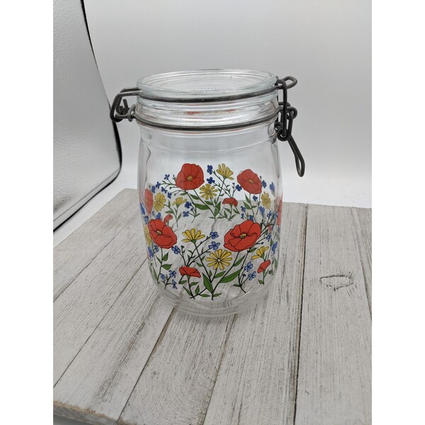Vintage R. Carmen Wild Poppy Jar Canister Hinged Wire Locking Lid 1 L France