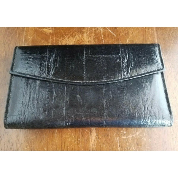 Vintage Genuine Leather Black Bifold Checkbook Wallet Compartments Coin Purse