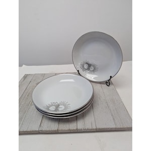Vintage Kutani Set 4 Soup Cereal Bowls 7 5/8&quot; White Silver Gray Bursts Japan