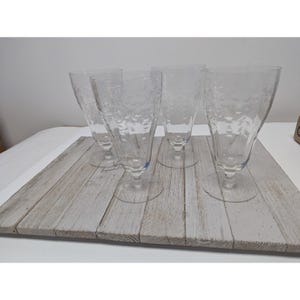 Set Of 4 Vintage Flower Etched Large Crystal Iced Tea Glass 6 1/4” Clear *