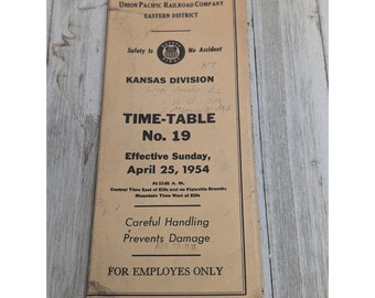 Used Union Pacific Railroad Eastern District Kansas Division Time-Table No. 19