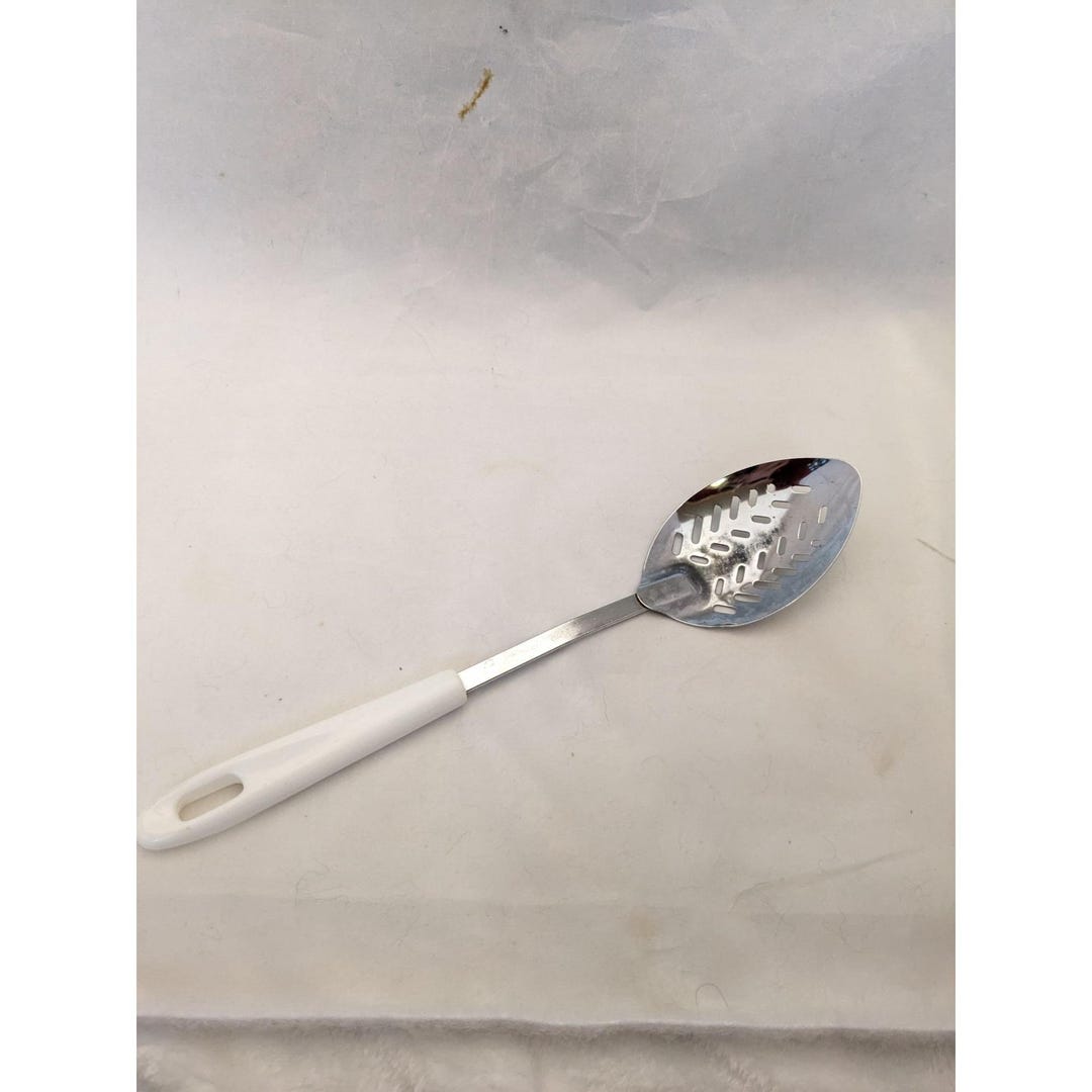 Vintage Slotted Serving Spoon White Handle 12 1/2