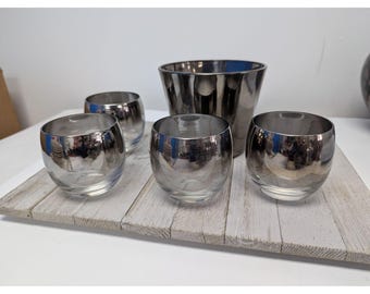 Dorothy Thorpe Set of 4 Roly Poly Glasses W/ Ice Bucket Silver
