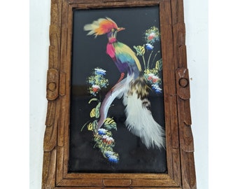 Vintage Mexican Bird Feather Picture Feathercraft Folk Art Carved Wood Frame #2
