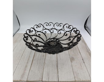 Vintage Black Wrought Iron Scroll Footed Bowl Basket Metal Spanish Gothic 9&quot; X 3&quot;