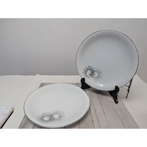 Vintage Kutani Set 2 Dinner Plates 10 1/2&quot; White Silver Gray Bursts Japan