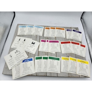 Puede incluir: Un conjunto de tarjetas de propiedad del juego Monopoly vintage, que incluyen calles, servicios públicos y estaciones de tren. Las tarjetas están dispuestas sobre una superficie de madera envejecida, con varios colores y valores de propiedad. Las tarjetas del juego están en buen estado.