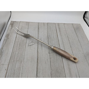 Vintage EKCO Halo Solid Meat Utility Fork Gold Wood Handle 12 3/4&quot;