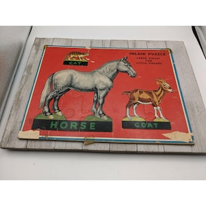 Bandeja de cartón con incrustaciones de rompecabezas vintage de 13" x 10" con marco de caballo, gato y cabra