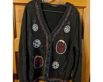Reference Point II Christmas Sweater Large Black Cardigan Button Ball Ornaments