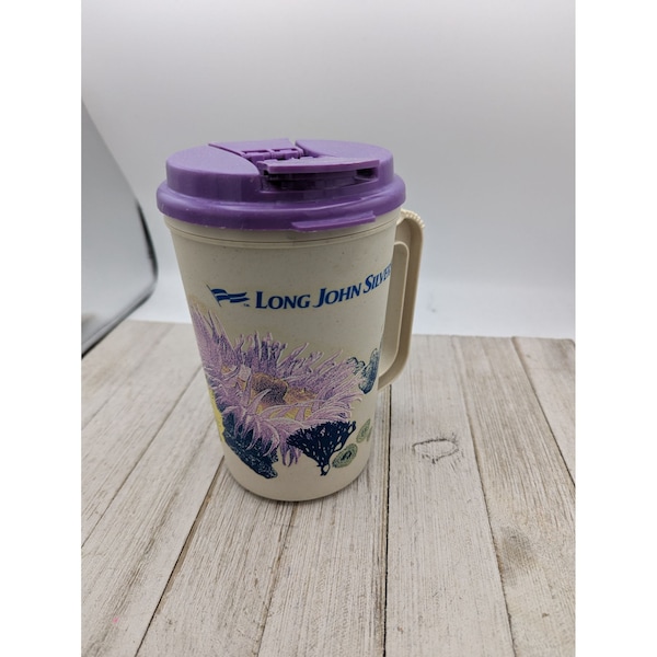 Vintage Long John Silvers Travel Mug Purple Large 22 oz Insulated Cup Beach Ocean