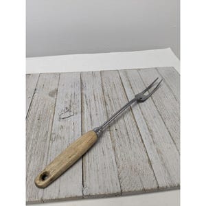Vintage EKCO Eterna Meat Utility Fork Tan Wood Handle 12 1/2&quot; Stainless Steel