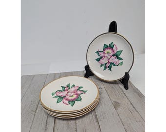 Juego de 5 platos de postre y pan de cerámica vintage Paden City Pottery MODERN ORCHID (descatalogado, EE. UU.)