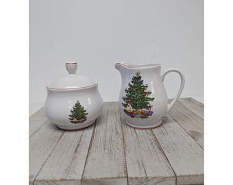 Vintage Cuthbertson American Christmas Tree Sugar Bowl Creamer Set Red Trim