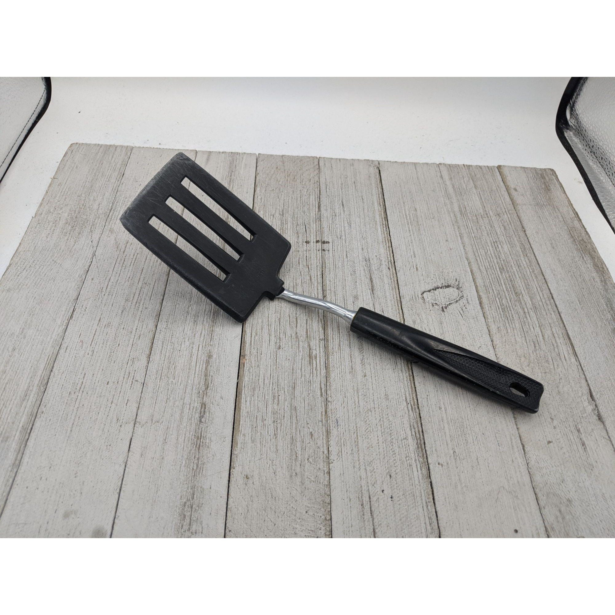 Vintage Unbranded Short Spatula 10 5/8 Inches Black Plastic Handle - Japan