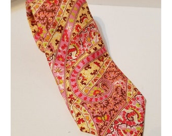 Lands End nek stropdas nieuwigheid 60" zijde roze gele Paisley bloemenbloemen