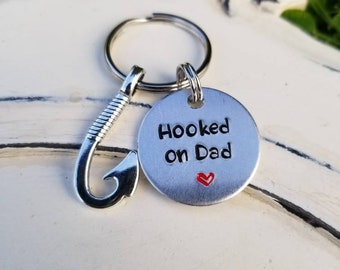 Hooked on Dad Keychain, Fishing Keychain, Gifts for Dad, Grandpa, Uncle, Step Dad, Father's Day Gift, Gift for Fishermen, Lucky Penny Gift