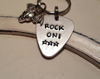 Rock On keychain, Guitar Pick Keychain,  Rock Out Keychain, Gifts for Musicians