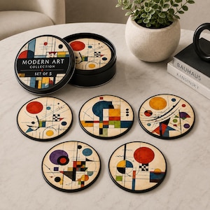 Modern Art Coaster Set,  Artist Inspired Ceramic Coasters with Tin