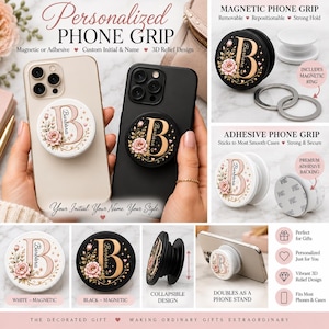 Soporte para teléfono magnético o adhesivo personalizado, inicial y nombre personalizados, soporte para teléfono con monograma floral 3D, negro o blanco.