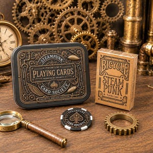 Steampunk speelkaartenset, Bicycle-deck in een op maat gemaakt metalen blik met dobbelstenen en pokerfiches