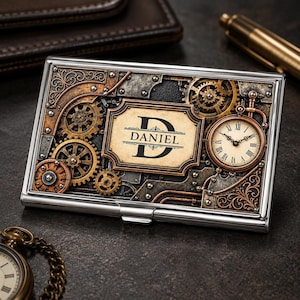 Business Card Case, Silver Metal Initial Holder with Steampunk Gear Design