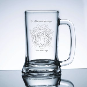 Engraved Personalized Beer Mug with Female Tiger Design and Your Name and/or Message