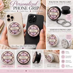 Personalized Stained Glass Phone Grip, Magnetic or Adhesive, Custom Initial & Name, Floral 3D Phone Holder, Black or White