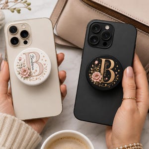 Personalized Monogram Phone Grip – Custom Initial & Name – 3D Relief Floral – Gift for Women