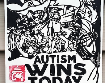 Autism Wins Today Linocut Print: Neurodiversity Pride Art